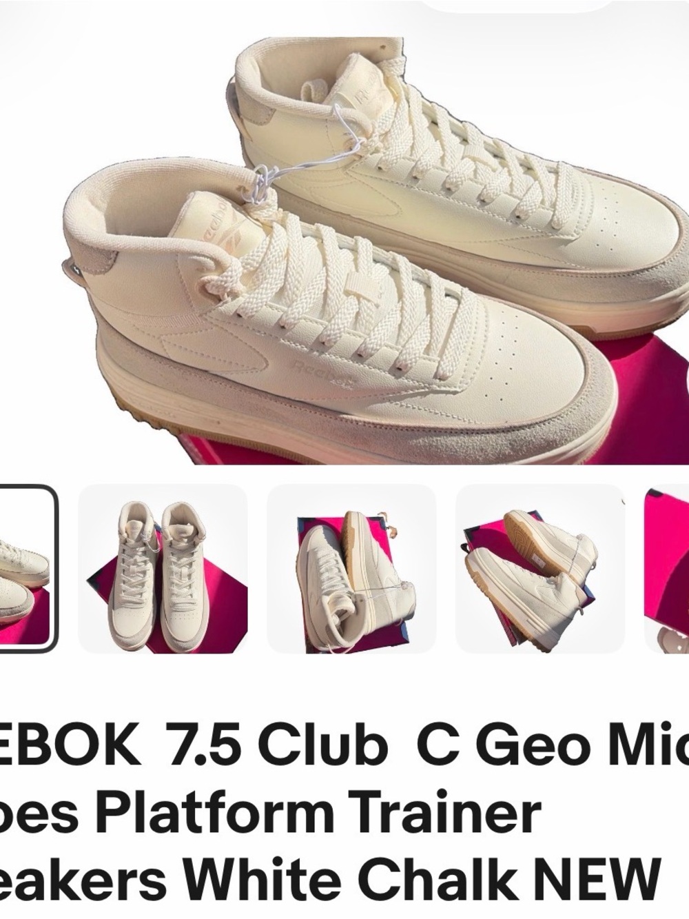 Reebok Kids Club C Geo Mid Platform Trainer Sneakers - White/Chalk NWT 7.5